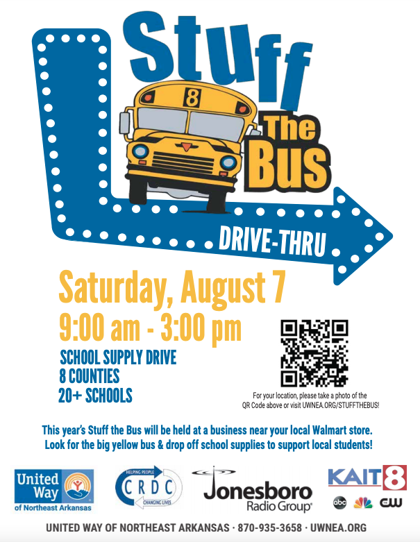 Stuff the Bus flyer: August 7 9am-3pm near area Walmart stores