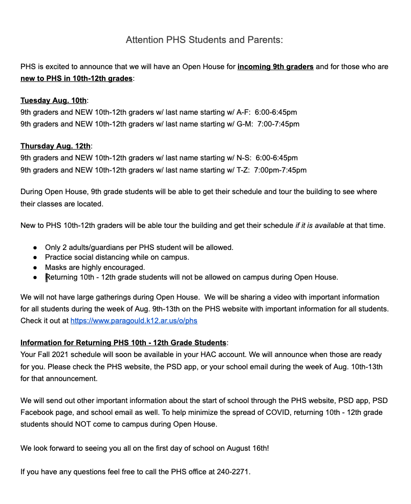PHS Open House Schedule