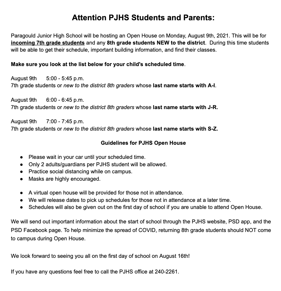 PJHS Open House Schedule