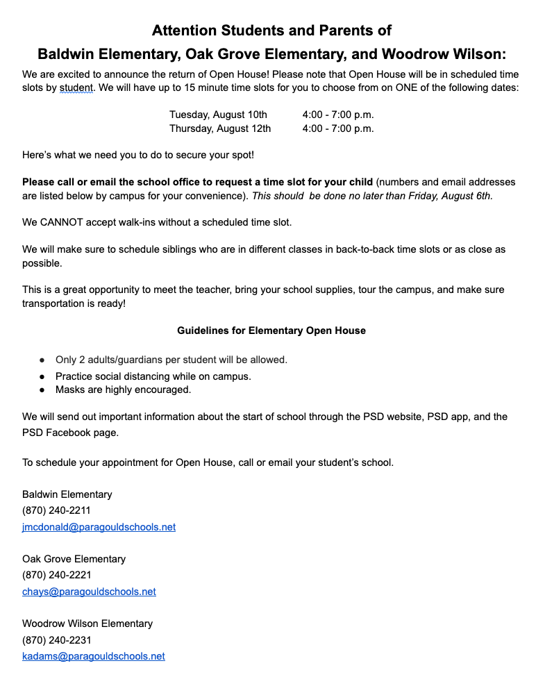 BE/OGE/WWE Open House Schedule