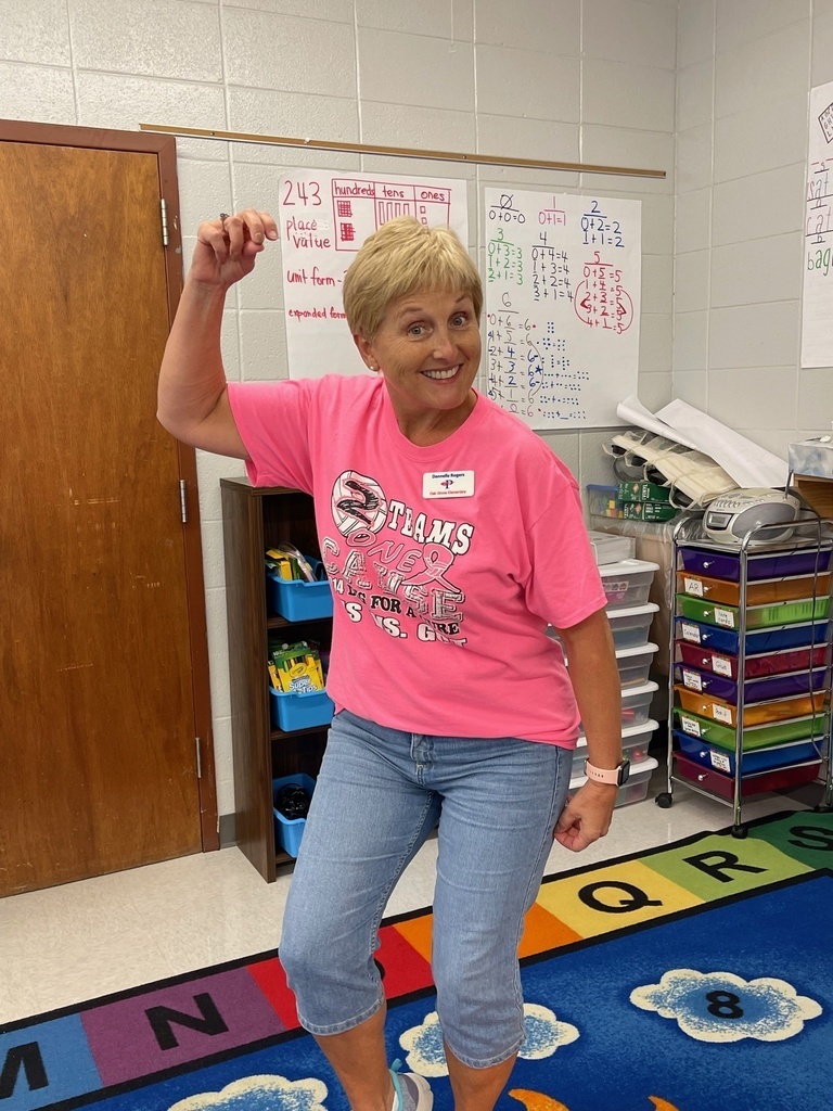 Teacher wearing pink to support Dig for the Cure