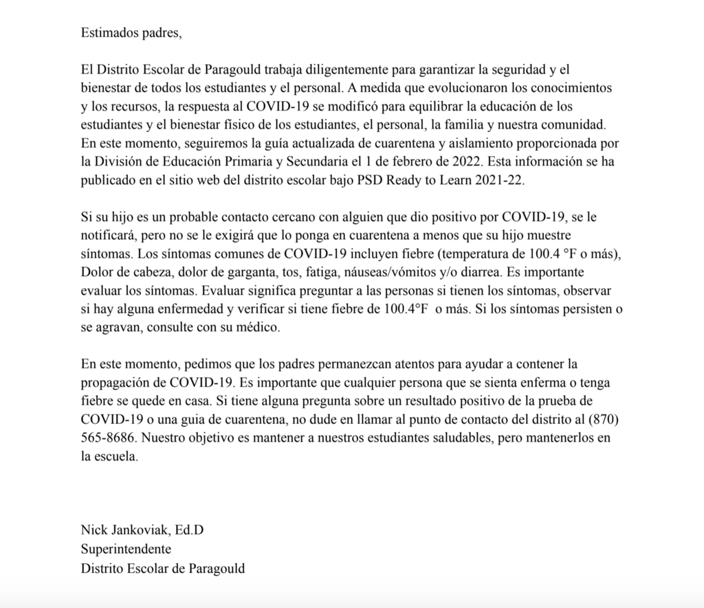 K-12 Quarantine Letter - Spanish