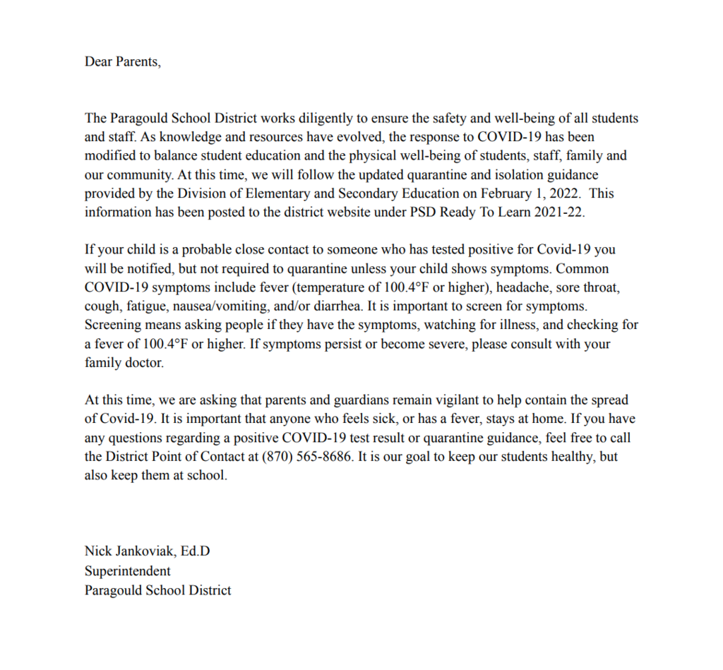 K-12 Quarantine Letter - English