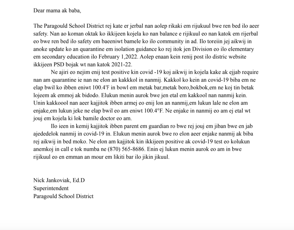 K-12 Quarantine Letter - Marshallese