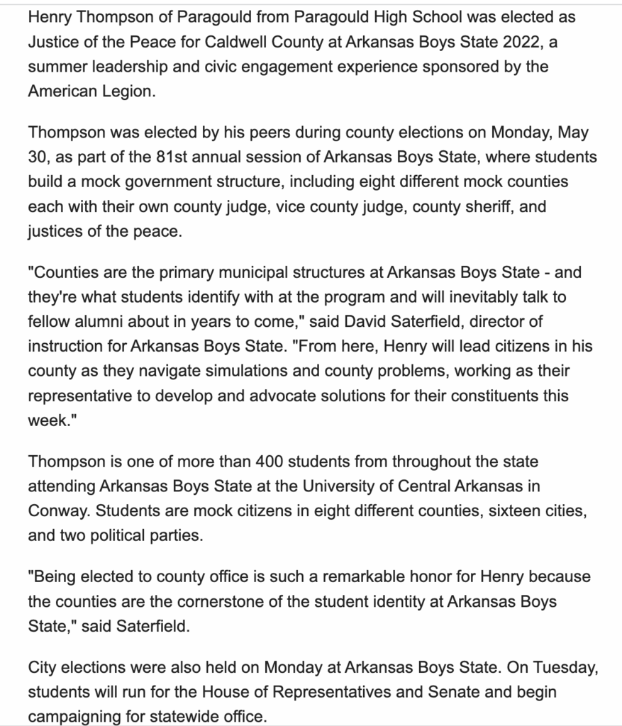 Thompson Boys State Press Release