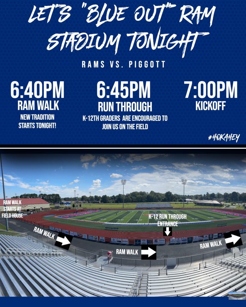 Football game vs Piggott at Ram Stadium 7:00pm tonight. Wear blue!